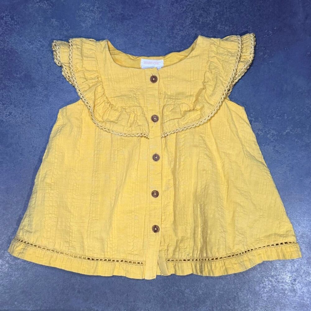 Shabby Chic 24M Yellow Gauze Ruffle Top Button Front Lace Trim